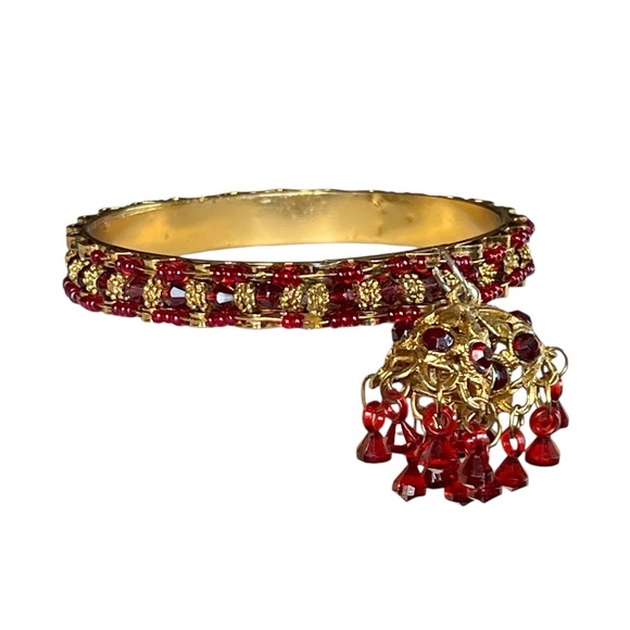 Jewelry - Vintage Ruby Red & Gold Beaded Bangle Bracelet Jhumka Bollywood Festive Ethnic